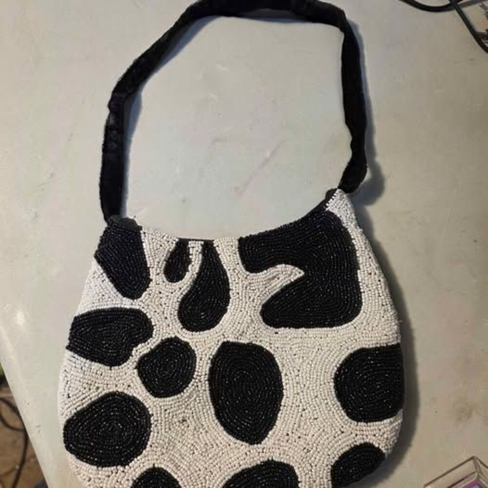 Vintage Y2K Arizona Jean Company Black White Beaded Cow Print Shoulder Purse